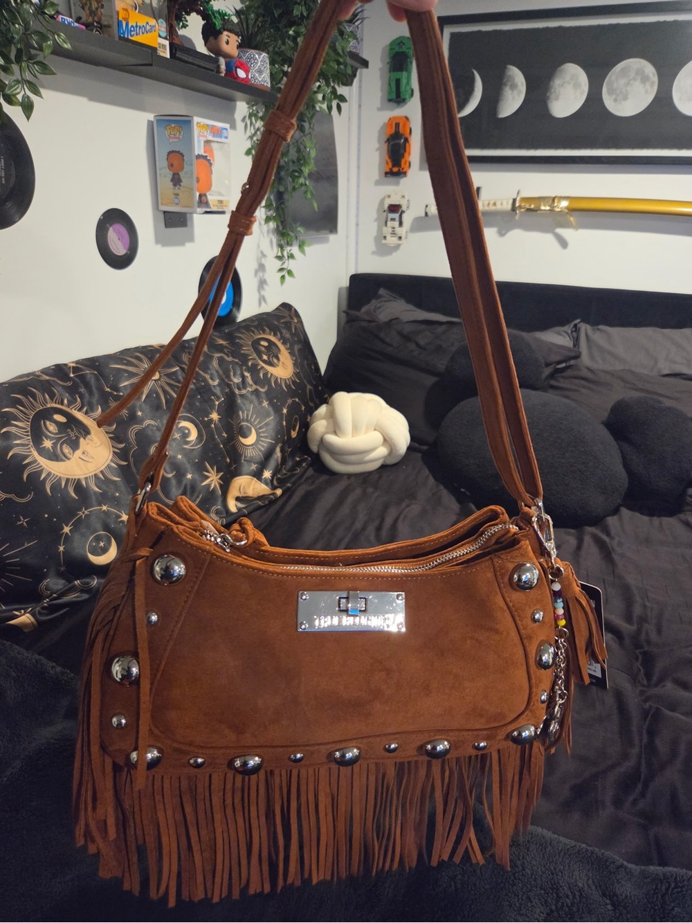 True Religion Faux suede fringe purse with silver studs and a heart charm - Picture 3 of 10